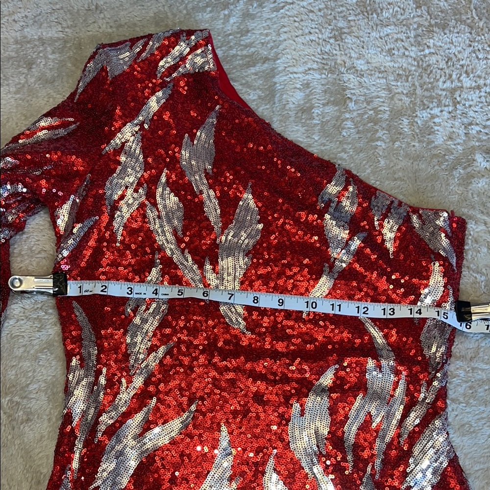 Fashion Nova Red and Silver Asymmetrical Ruched Dress - Picture 8 of 9